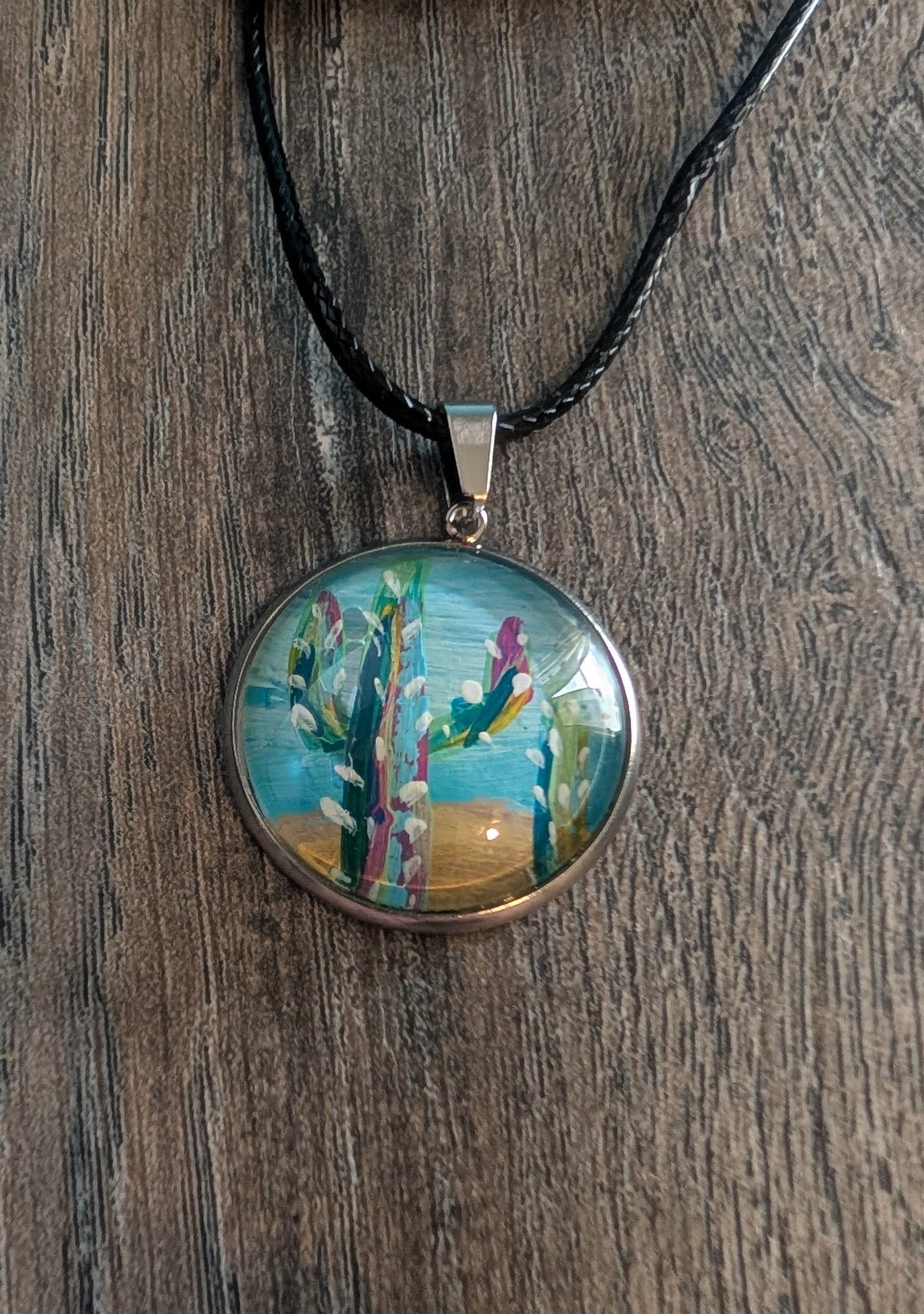 Hand Painted Cactus Pendant Necklace