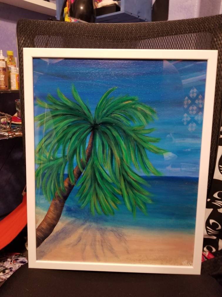 Tropical Palm Tree Painting | 16x20 | PALM TREE on the BEACH | Framed