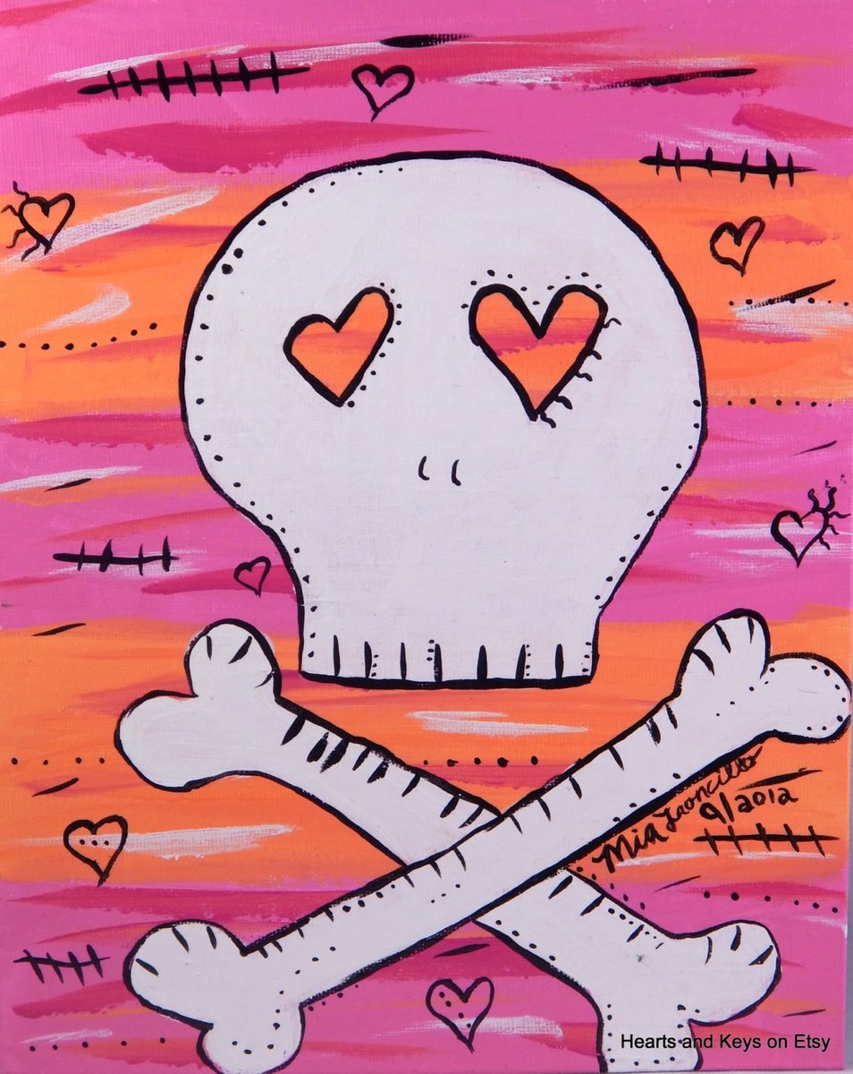 PINK and ORANGE SKULL | Skull and Cross Bone Painting | 8x10in
