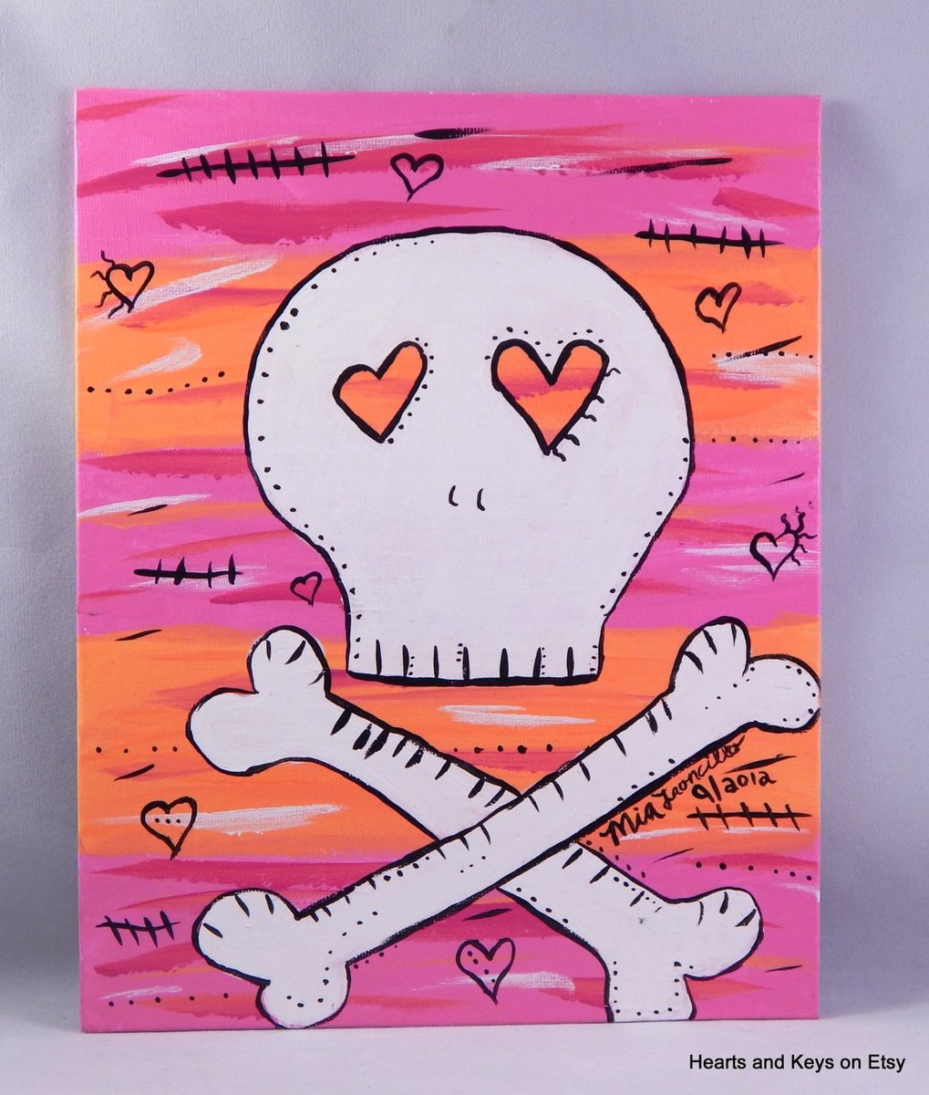 PINK and ORANGE SKULL | Skull and Cross Bone Painting | 8x10in