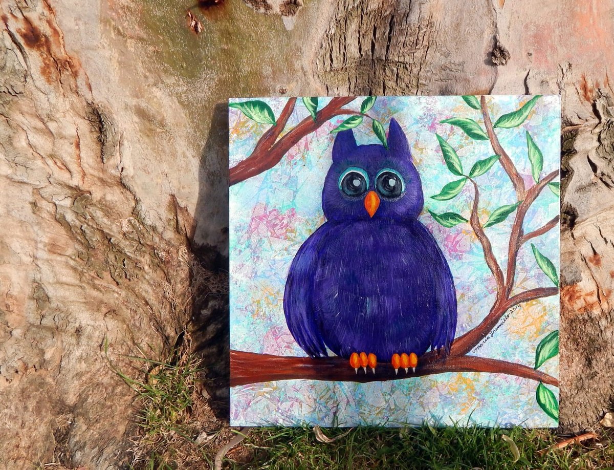 PURPLE OWL in a TREE | 12x12 in | Painting | Owl Painting | Nursery Art