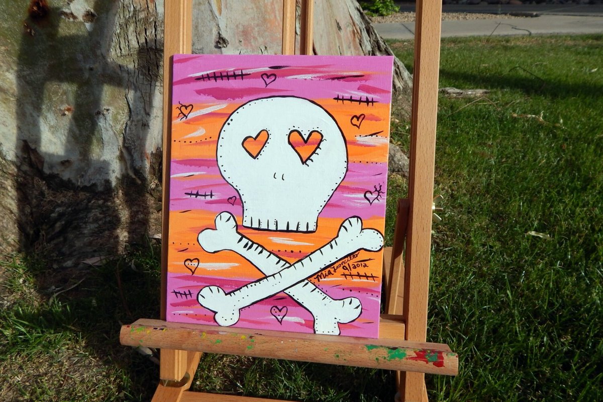 PINK and ORANGE SKULL | Skull and Cross Bone Painting | 8x10in