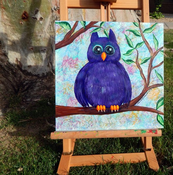 PURPLE OWL in a TREE | 12x12 in | Painting | Owl Painting | Nursery Art
