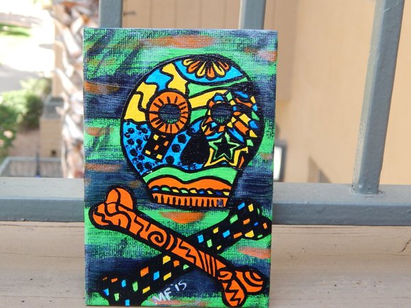 FUNKY SKULL | 4x6in | Original Skull & Cross Bones Painting